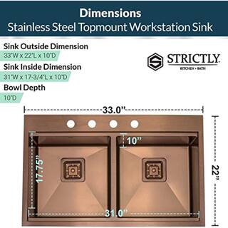 S STRICTLY KITCHEN + BATH TMR5050WS-Copper 16 Gauge Stainless Steel 33 in. Double Bowl Drop-In Workstation Kitchen Sink with Square Drains TMR5050WS-C