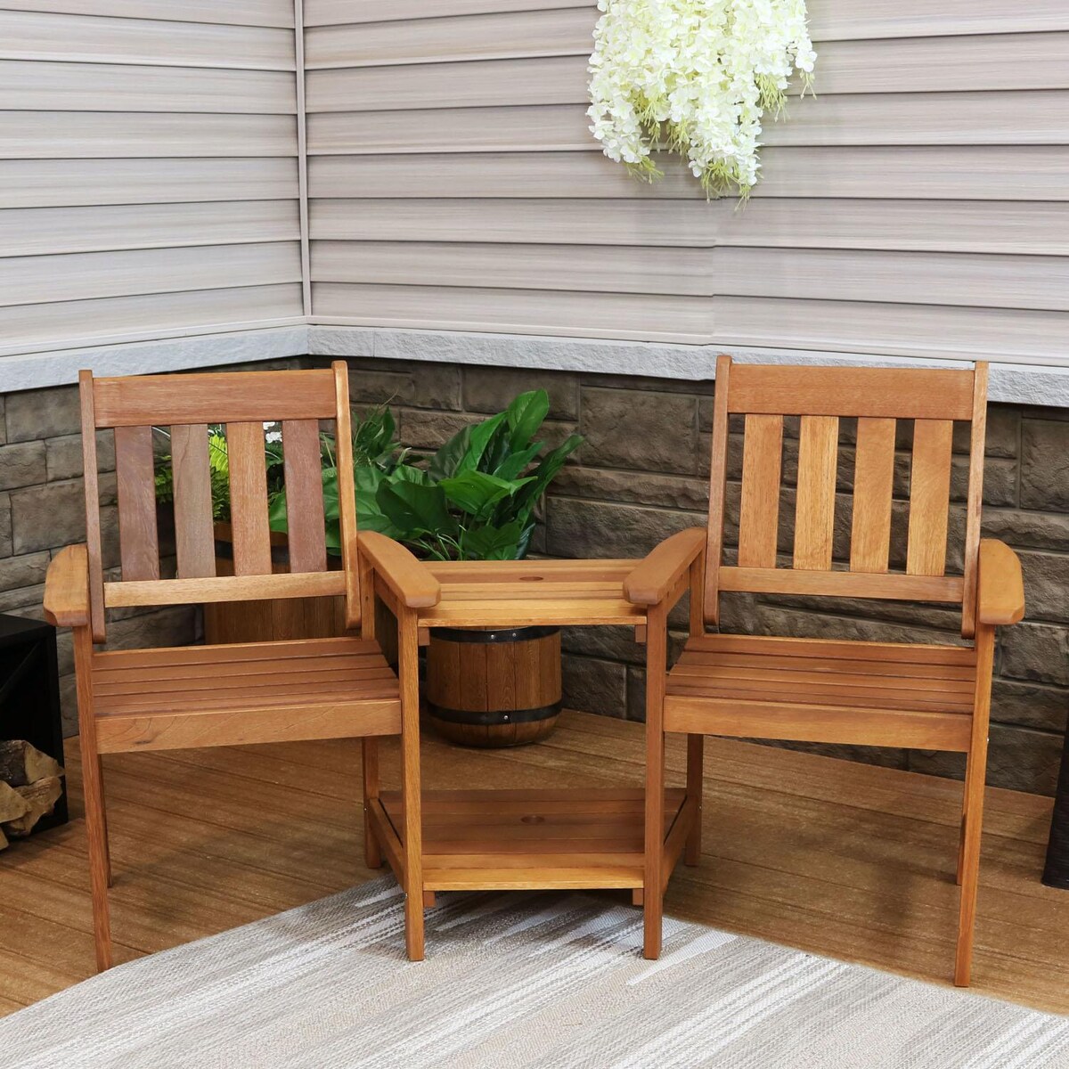 Ultimate Patio 65-Inch Meranti Wood Jack-and-Jill Chairs W/ Attached Table