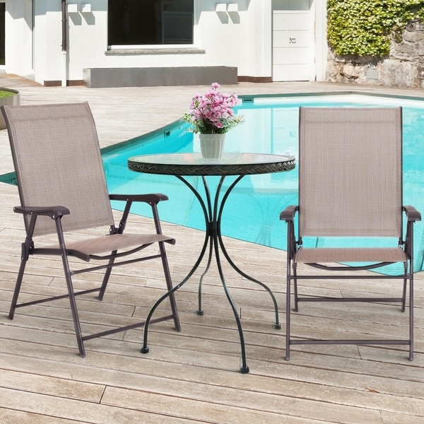 Folding Sling Chair Patio Furniture Set of 2 Armchairs Brown