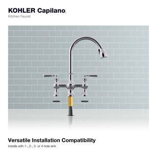 KOHLER Capilano 2-Handle Bridge Farmhouse Pull-Down Kitchen Faucet with Soap Dispenser and Sweep Spray in Polished Chrome K-R21070-SD-CP