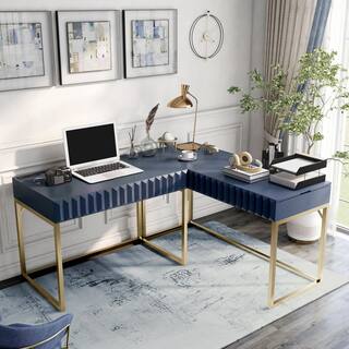 Furniture of America Gotheimer 56.75 in. L-Shaped Blue and Gold Writing Desk Set with Lift-Top IDF-DK406BL-SET