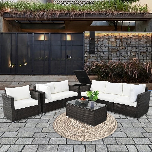 8Pieces Brown Wicker Outdoor Sectional Set with Glass Coffee Table