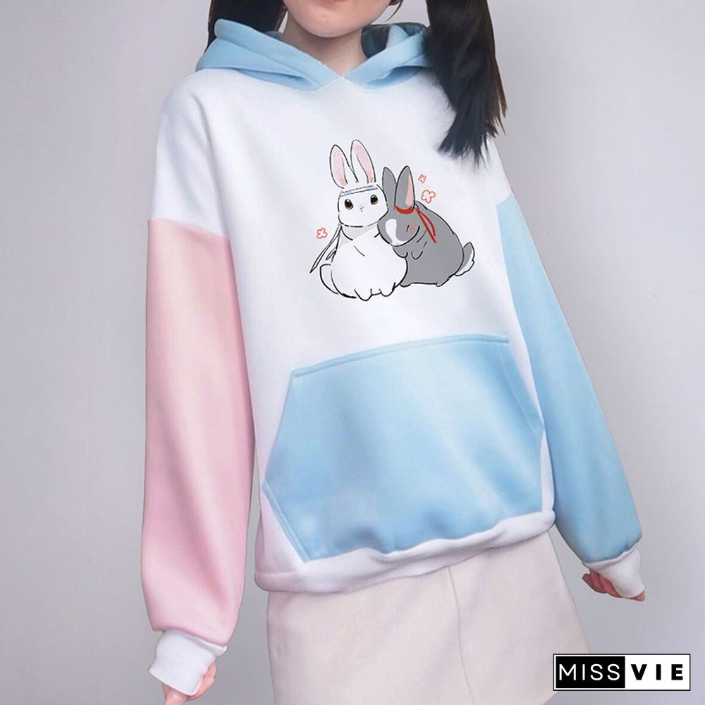 Cute Rabbit Print Pocket Hoodie