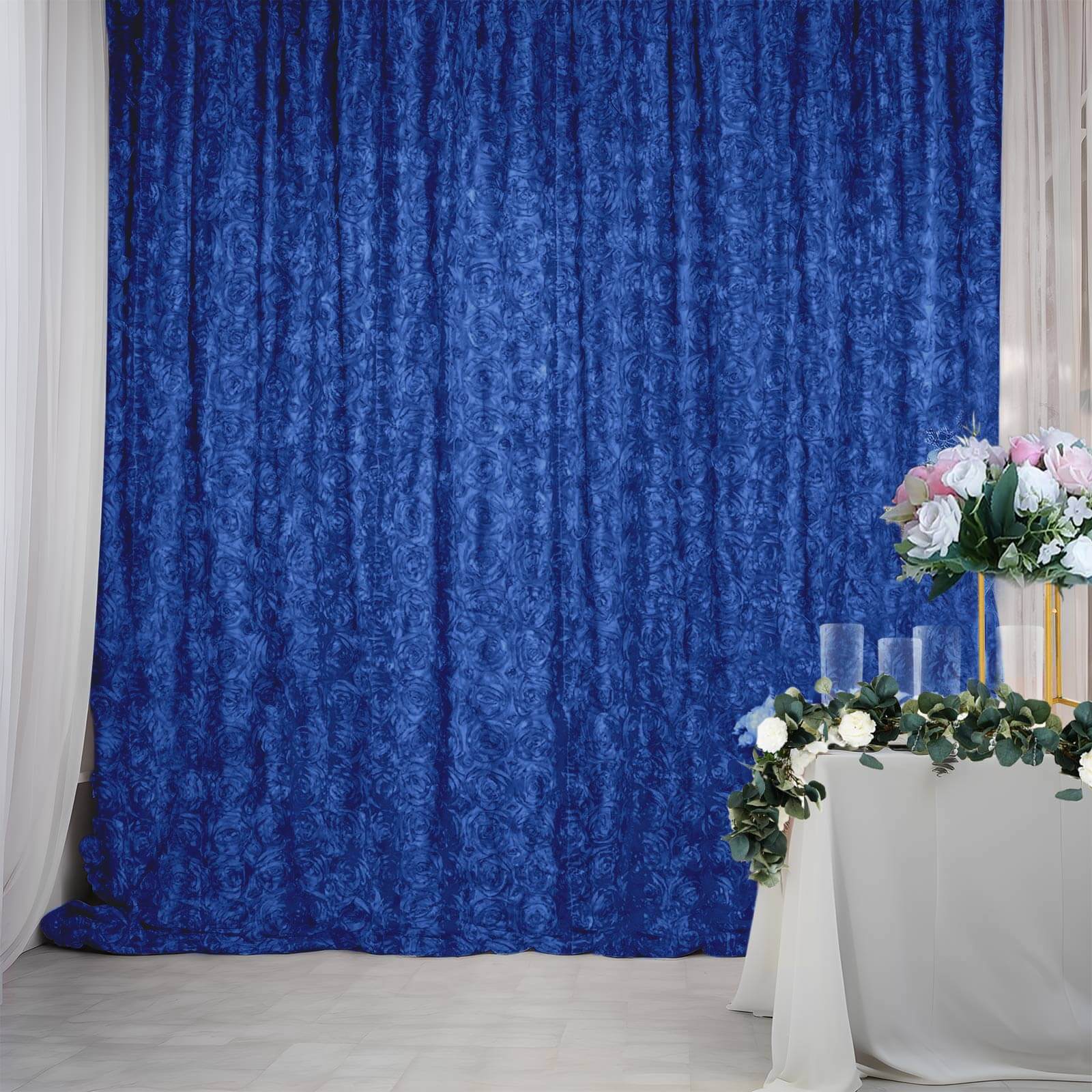 Royal Blue Satin Rosette Backdrop Drape Curtain, Photo Booth Event Divider Panel - 8ftx8ft