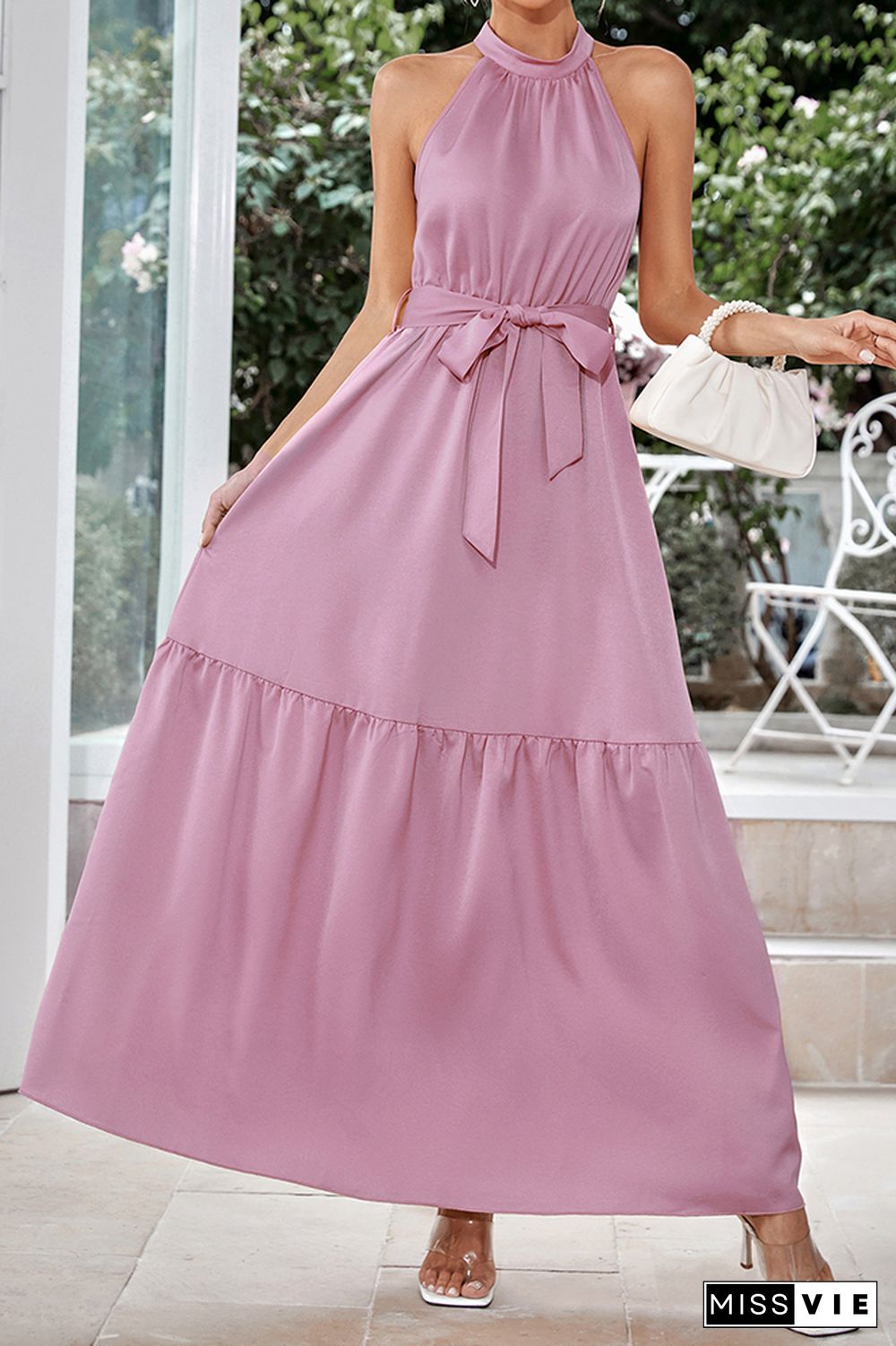 Silky Plain Halter Tiered Maxi Dress