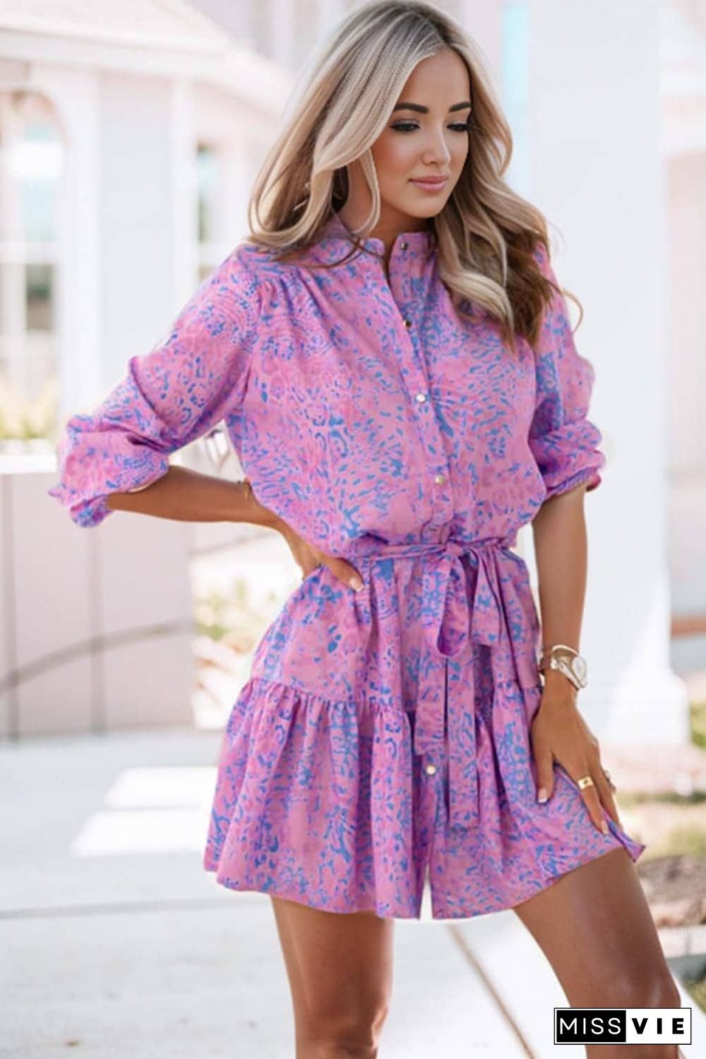 Purple Leopard Print Long Sleeve Shirt Dress