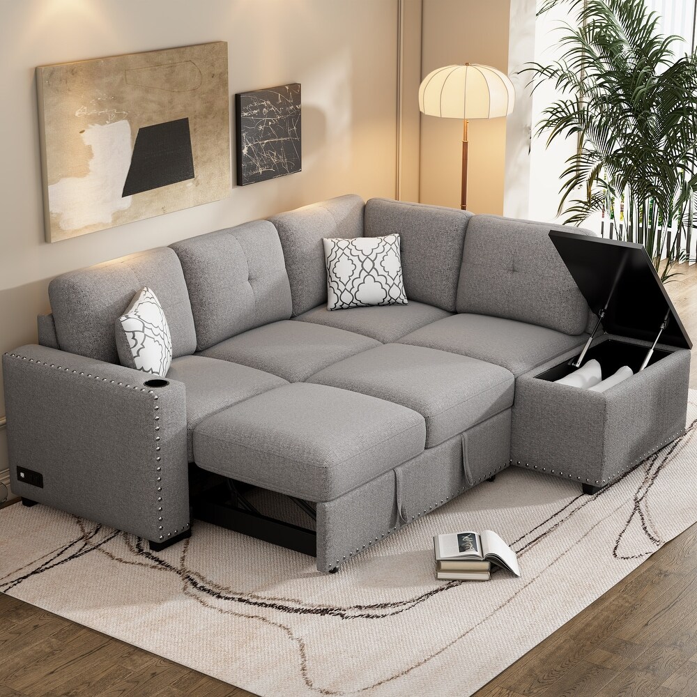 L Shaped Sectional Sofa w/ Pull out Sofa Bed   USB Ports   Power Sockets  Sleeper Sofa for Living Room Apartment  Light Grey