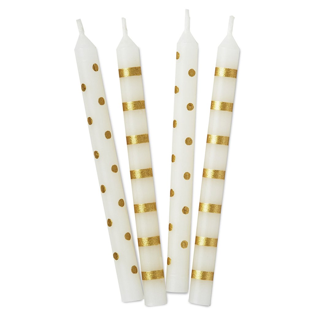 Hallmark  Gold Stripes and Polka Dots on White Birthday Candles, Set of 16