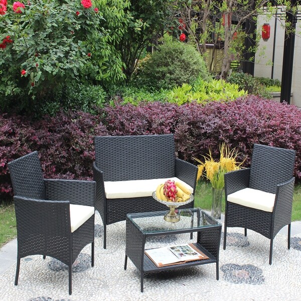 4 PC Simple Rattan Patio Furniture Set， Outdoor Cushioned Sofa - Overstock - 37666665