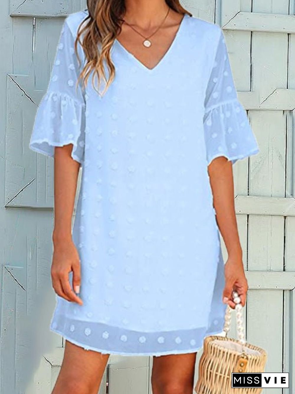 Women'S Dresses Solid Jacquard Dots Chiffon Short Sleeve Dress