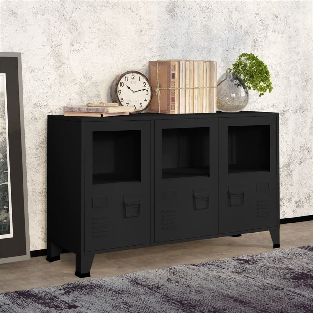 Black Metal and Glass Sideboard Industrial Garage Storage File Cabinet