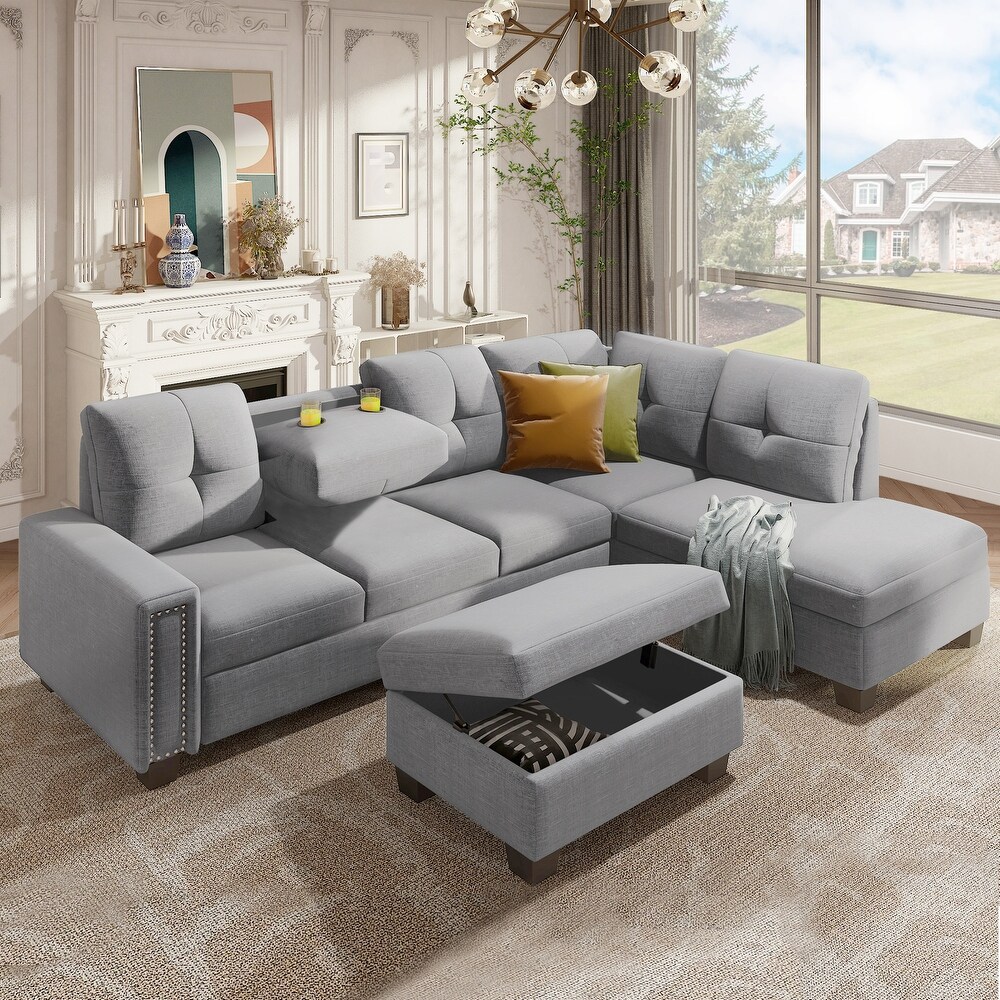 Reversible Sectional Sofa with Storage Ottoman  4 Seat L shape Couch