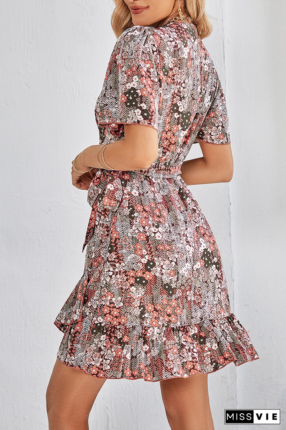 Wrap V Neck Side Sash Vintage Floral Dress