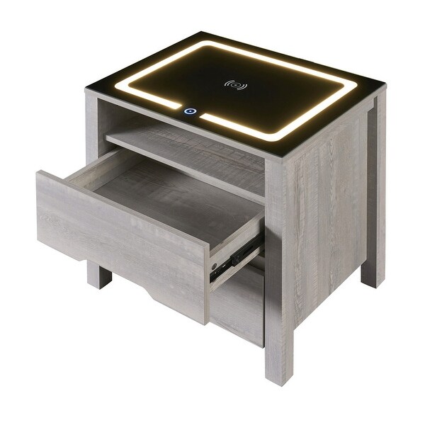 Nightstand with Wireless Charging Station and LED Lights， Modern End Side Table with 2 Drawers and Open Compartment for Bedroom - - 37244648