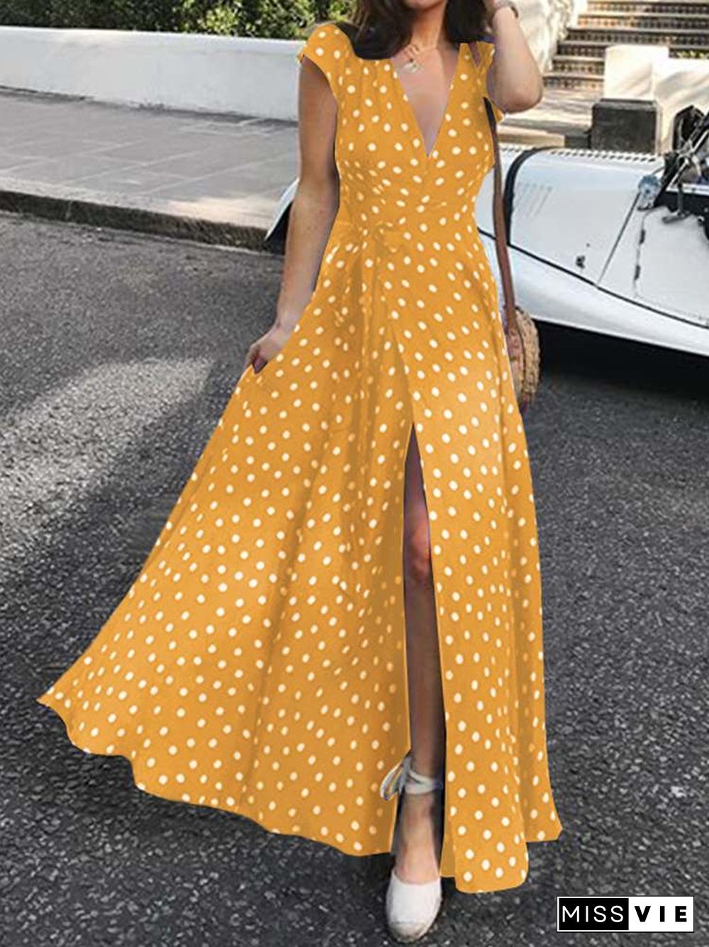 Summer Maxi Dress Women Sexy Split Polka Dot Short Sleeve Long Sundress Celmia Bohemian Belted V-Neck Party Beach Vestidos