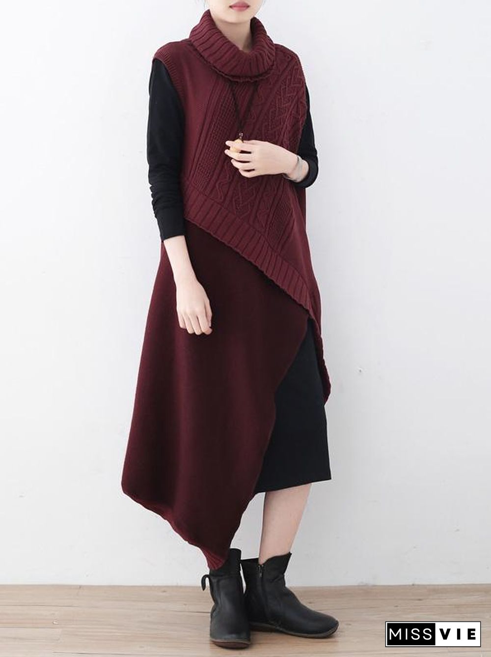 Casual Vintage Knitting High-Neck Sleeveless Dress