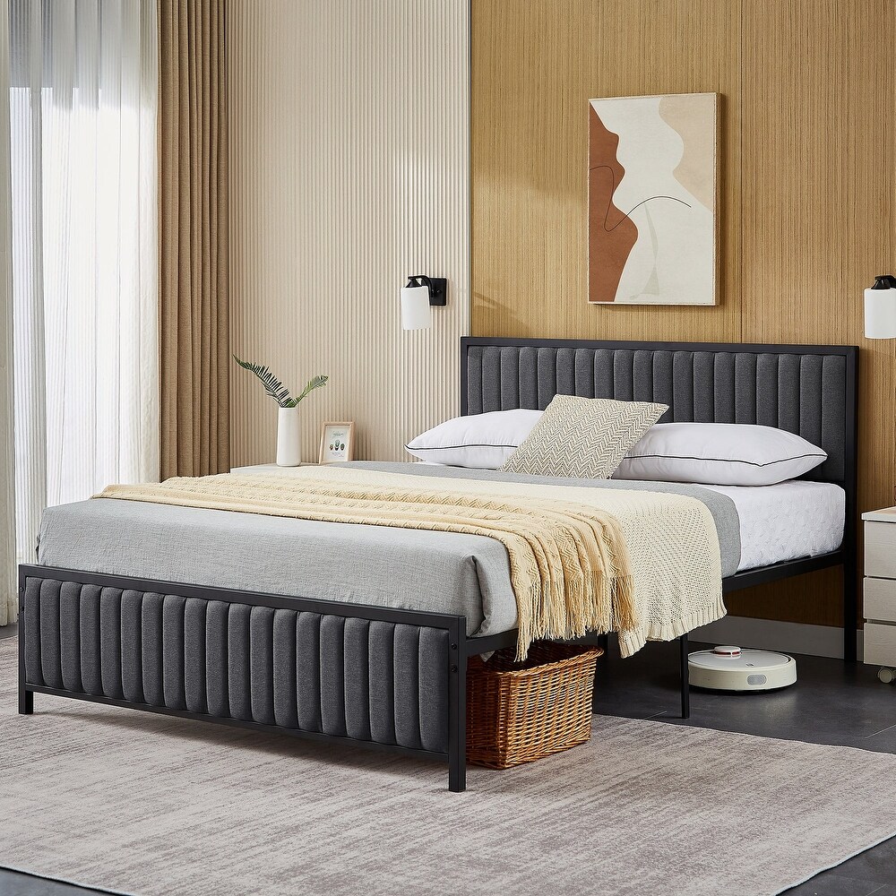 VECELO Modern Faux Leather Upholstered Bed  Beige/Grey