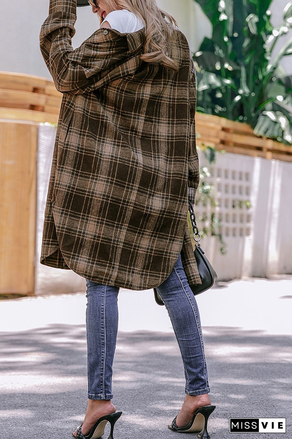 Plaid Long Length Open Button Jacket Coats