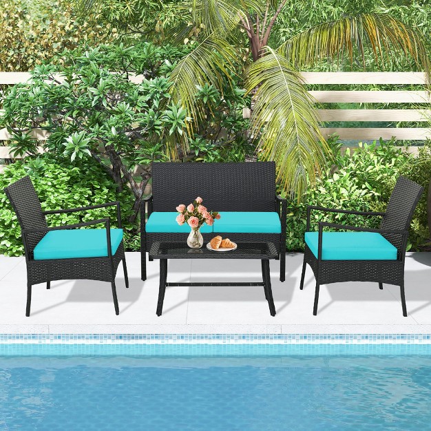 Tangkula 4pcs Patio Rattan Pe Wicker Furniture Conversation Set W Sofa Chair amp Table