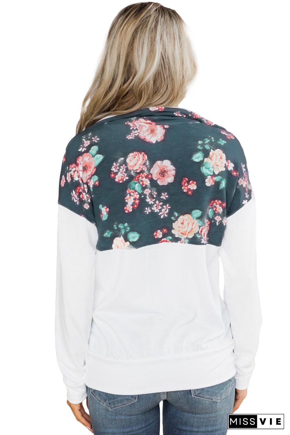 Floral Splice White Kangaroo Pocket Zip Collar Sweatshirt