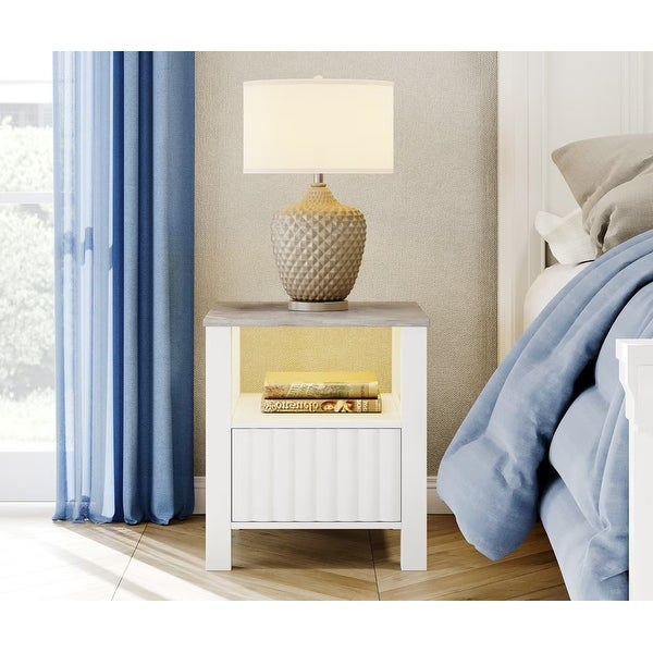 Side End Table with LED Light， White Nightstand with Cabinet(Set of 2)