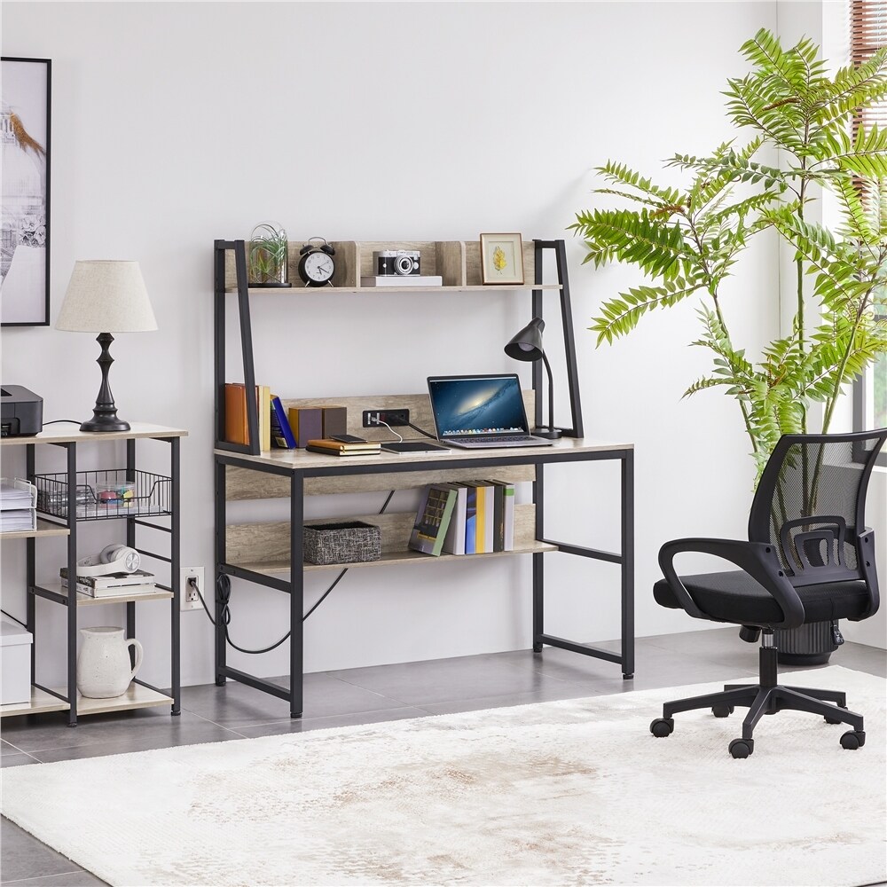 Yaheetech 47.5 inch Home Office Computer Desk with Power Outlet and Elevated Bookshelf