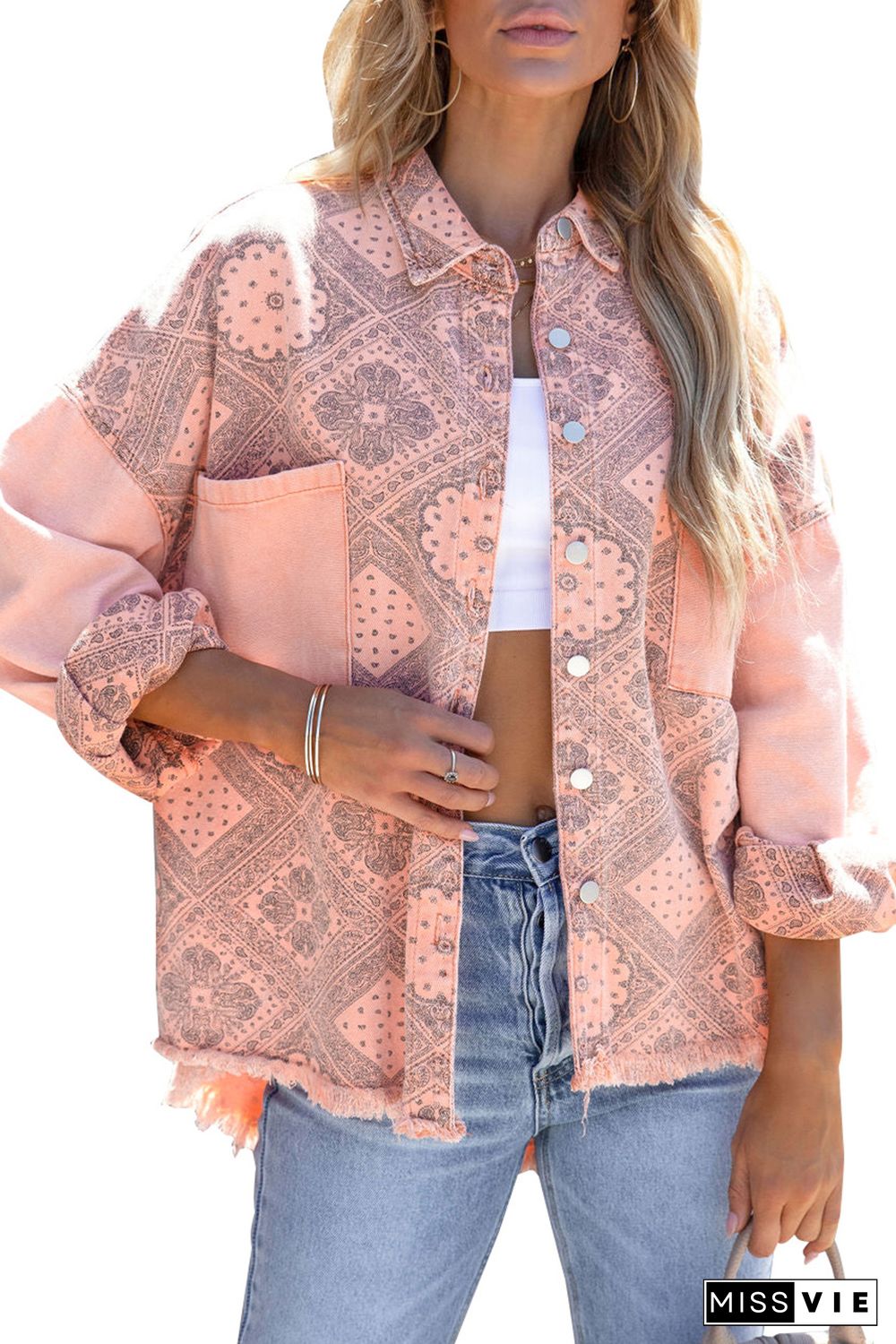 Pink Geometric Print Ripped Shirt Jacket with Pockets