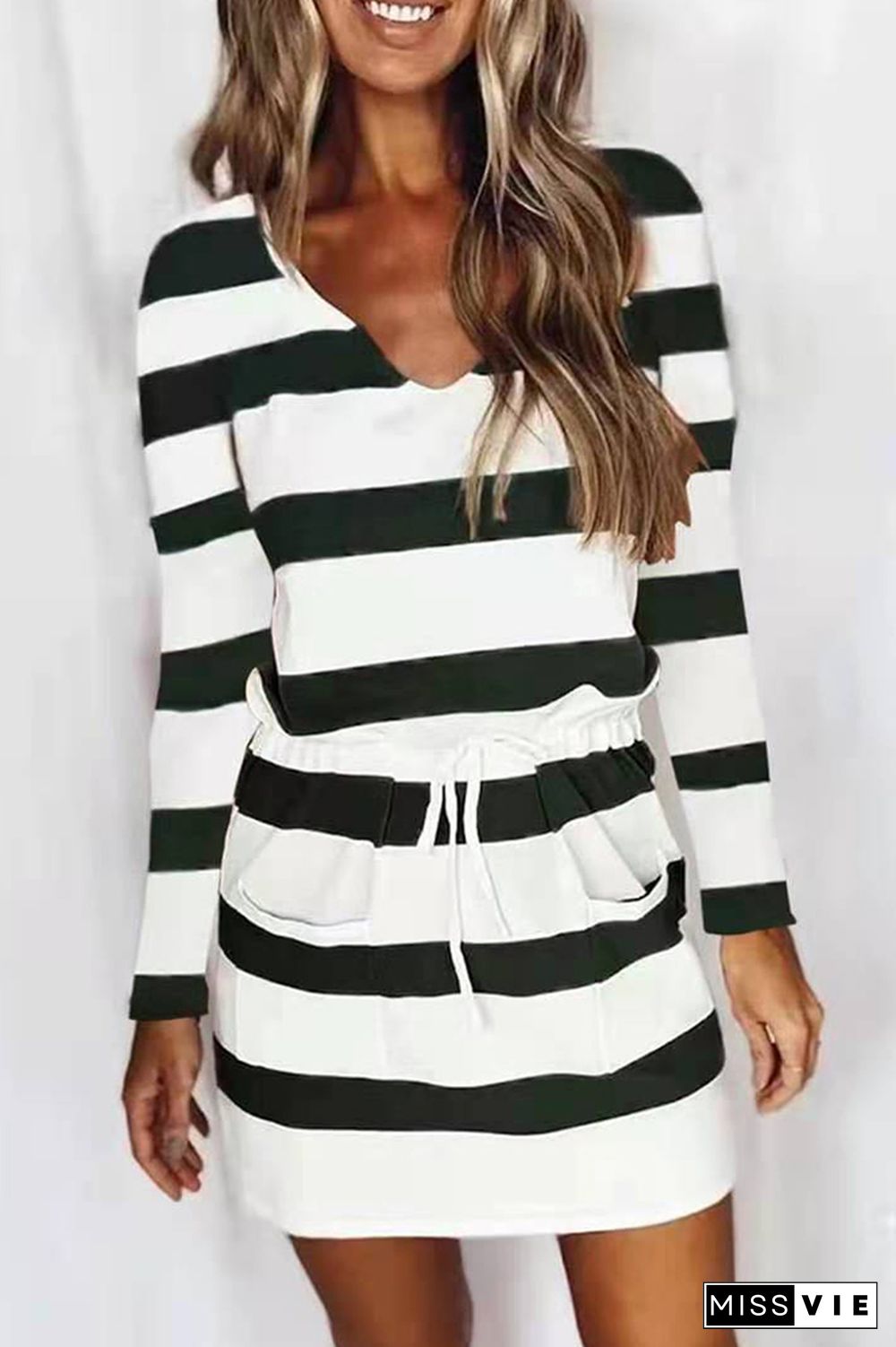 Colorful Stripe Drawstring V-neck Long Sleeve Dress Women Wholesale