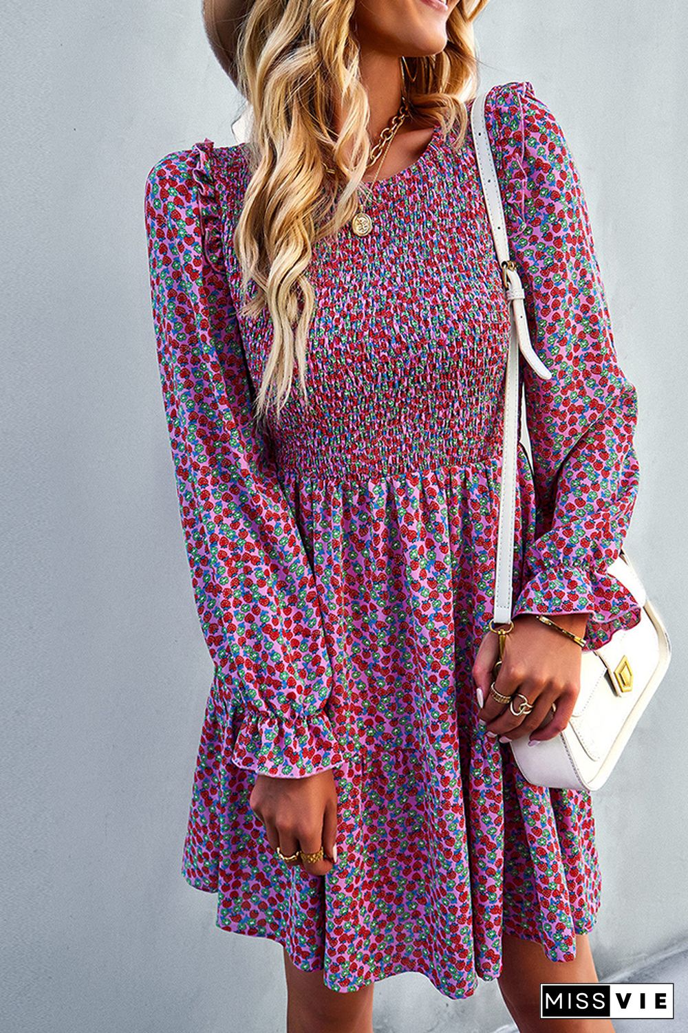 Smocked Puffy Long Sleeves Floral Dress