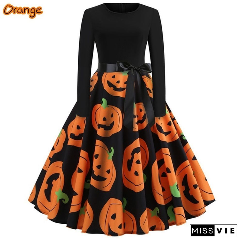 Fashion Women's Christmas Swing Party Dress Printing Long Sleeve Festival Prom Belt Dresses Evening Round Collar Halloween Female Dress.