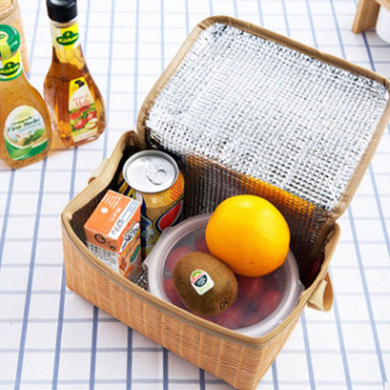 FeiraDeVaidade Imitating Rattan Woven Picnic Bag with Lid and Handle Insulation Lunch Bag Aluminum Film Insulation Bag