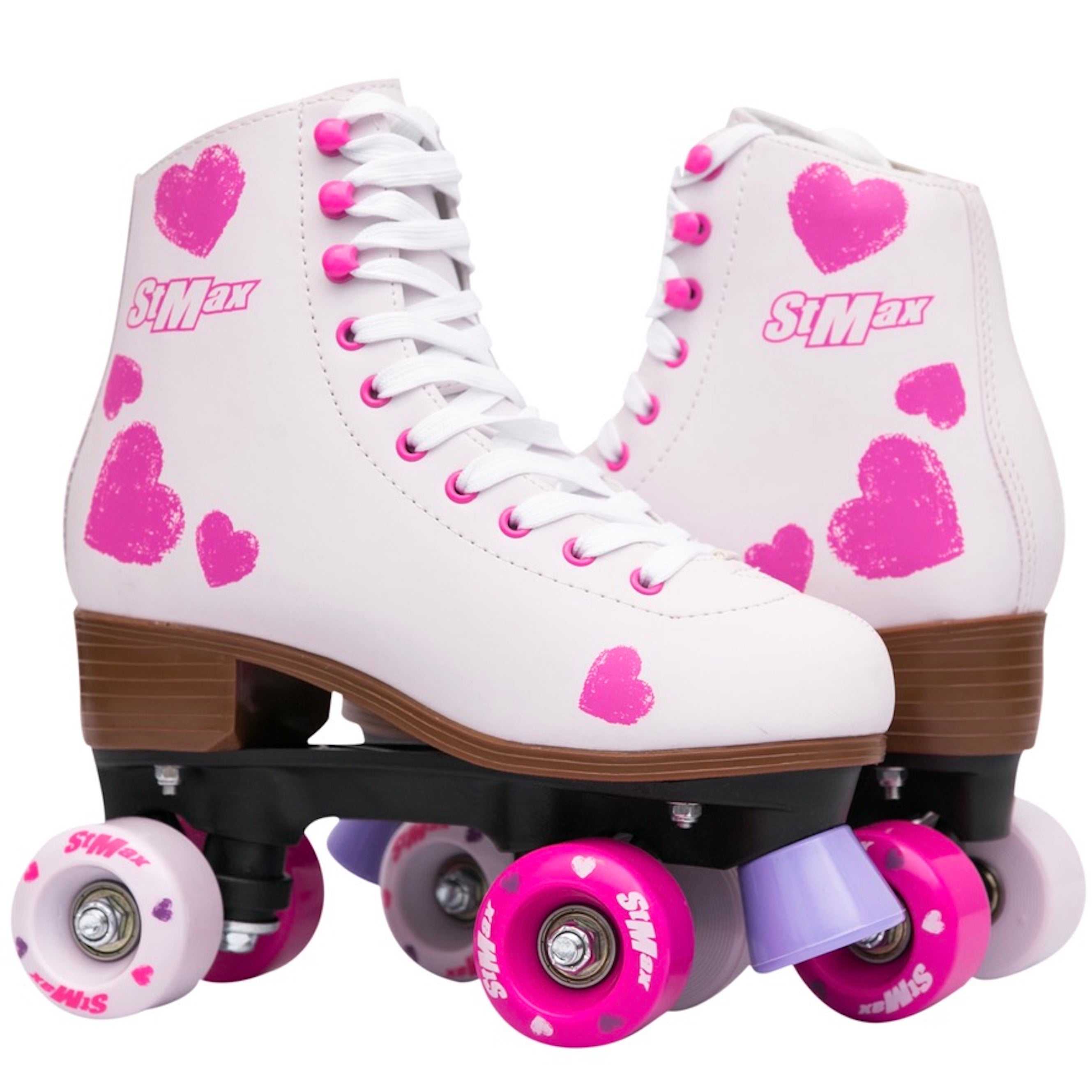 Quad Roller Skates for Girls and Women size 3.5 Youth White and Pink Heart Outdoor Indoor and Rink Skating Classic Hightop Fashionable Design