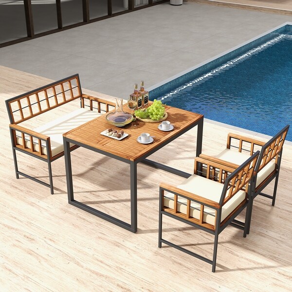 Gymax 4 PCS Acacia Wood Patio Dining Set w/ 1 Rectangular Table 1