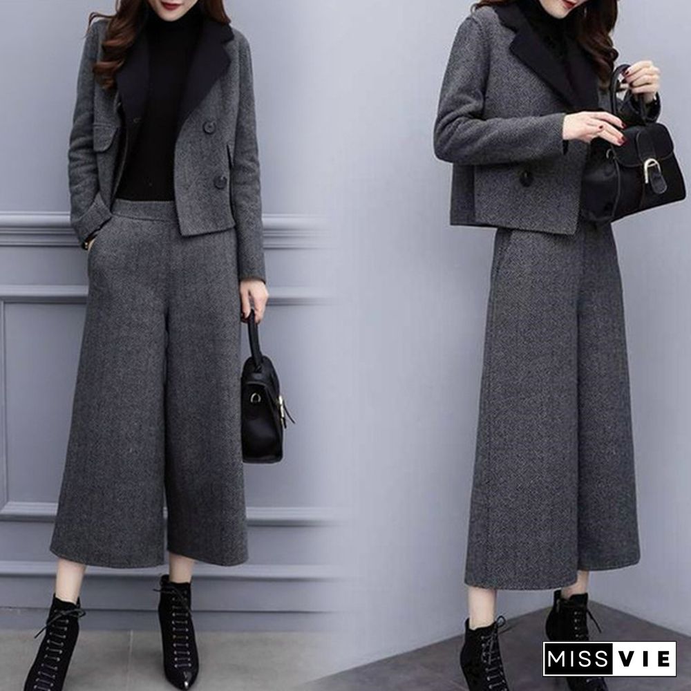 Autumn Winter Woolen Two Piece Sets Outfits Women Plus Size Short Coat And Wide Leg Pants Suits Elegant Office Korean Sets