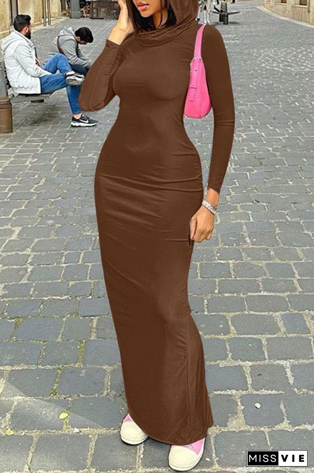 Solid Split Back Hooded Bodycon Maxi Dress