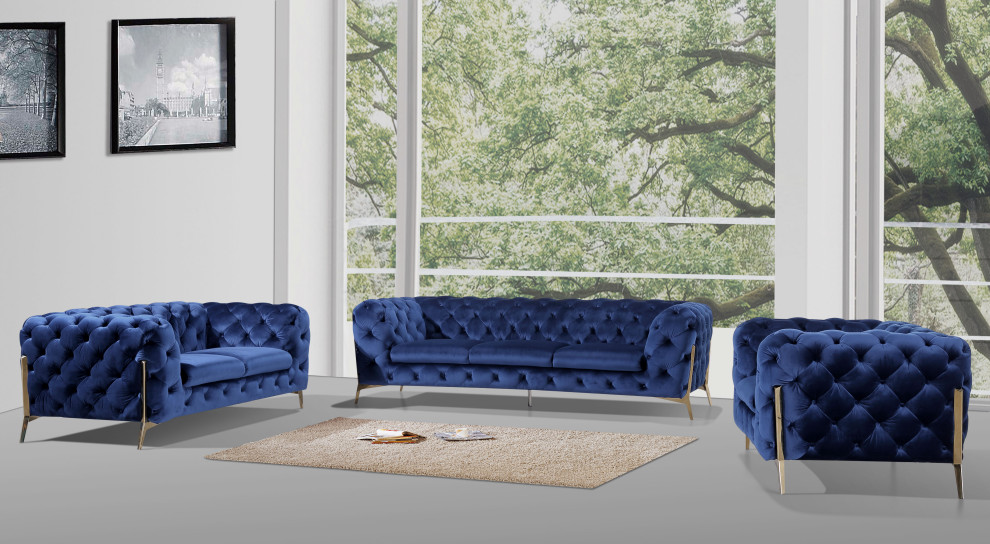 Divani Casa Quincey Transitional Blue Velvet Sofa Set   Midcentury   Living Room Furniture Sets   by Vig Furniture Inc.  Houzz