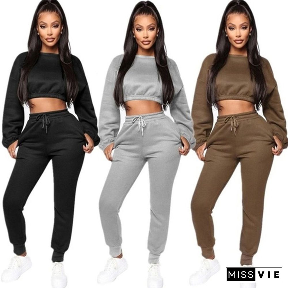 Winter Fleece Hoodies Tops And Pants Two Piece Set Women Tracksuit Crop Top Trousers Casual Sportswear Matching Set