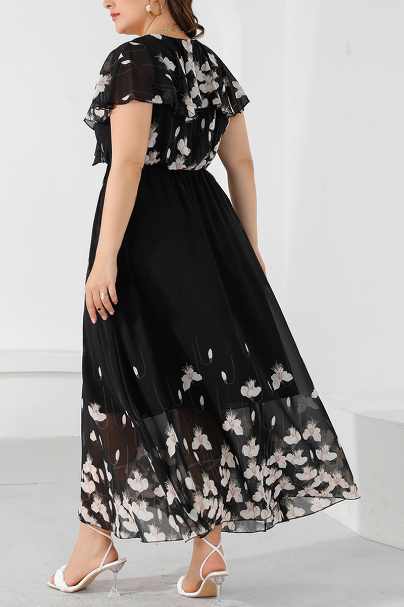 Plus Size Floral Print V Neck A Line Maxi Dresses