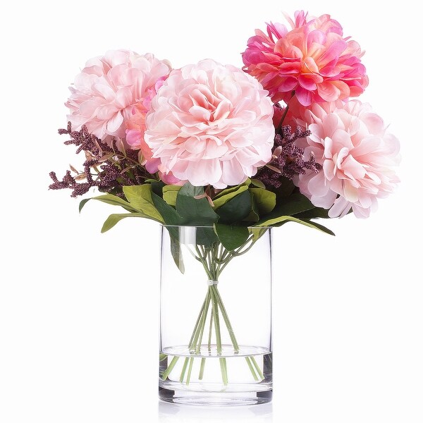 Enova Home 7 Heads Pink Mixed Artificial Silk Dahlia Fake Flowers Arrangement in Glass Vase with Faux Water for Home Decor