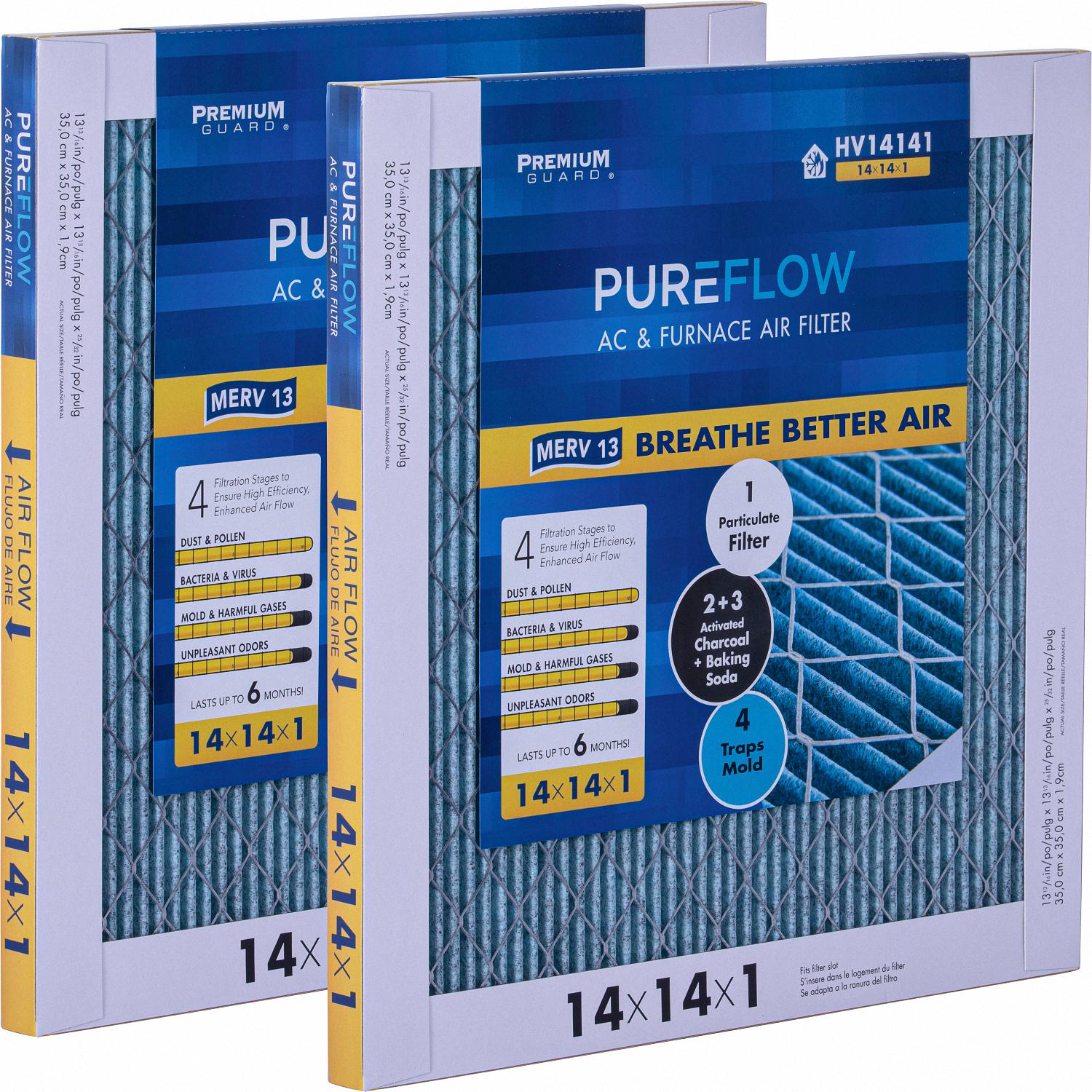 PureFlow， Home Furnace Air Filter 14x14x1， with 4 Layers of Advanced Filtration Technology， MERV-13 Pack-of-2