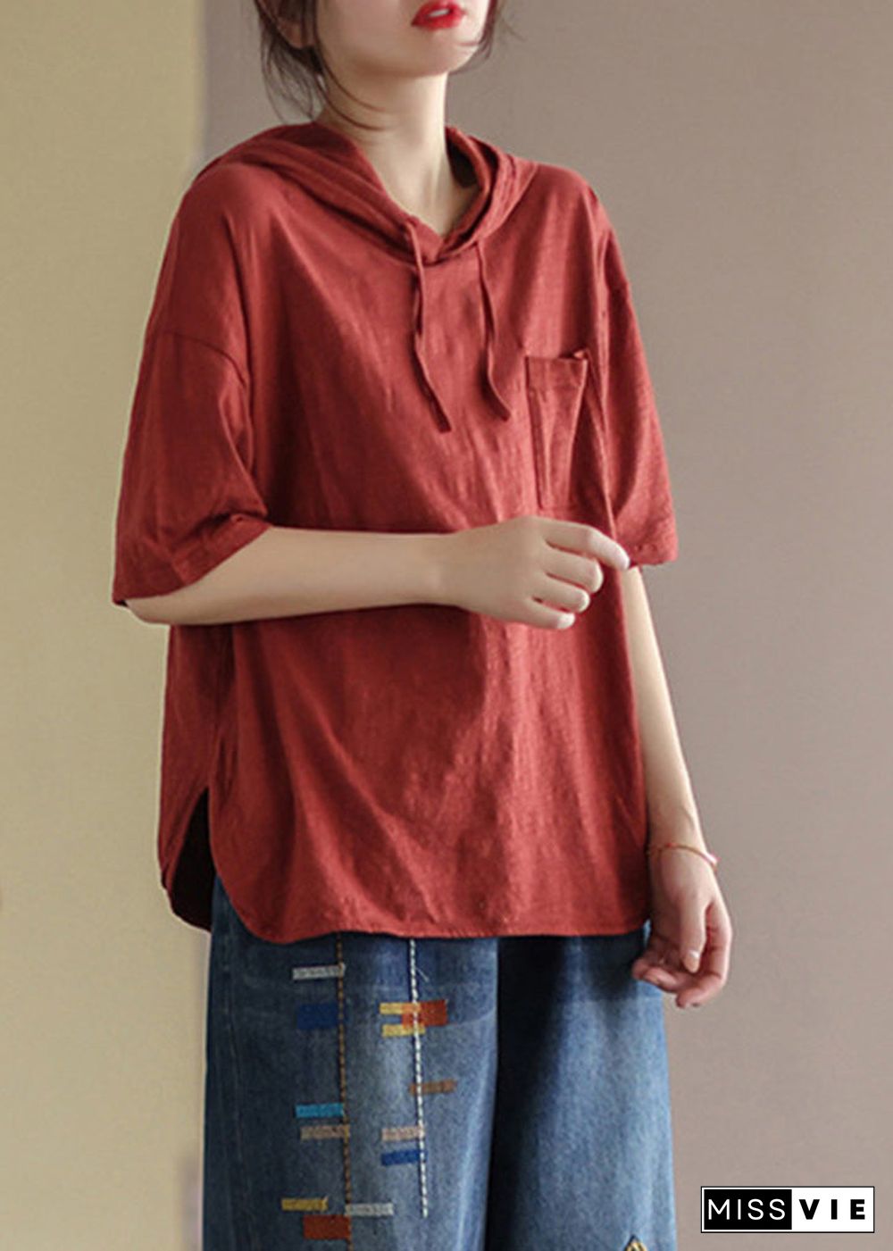 Red Drawstring Solid Cotton Hooded T Shirt Summer