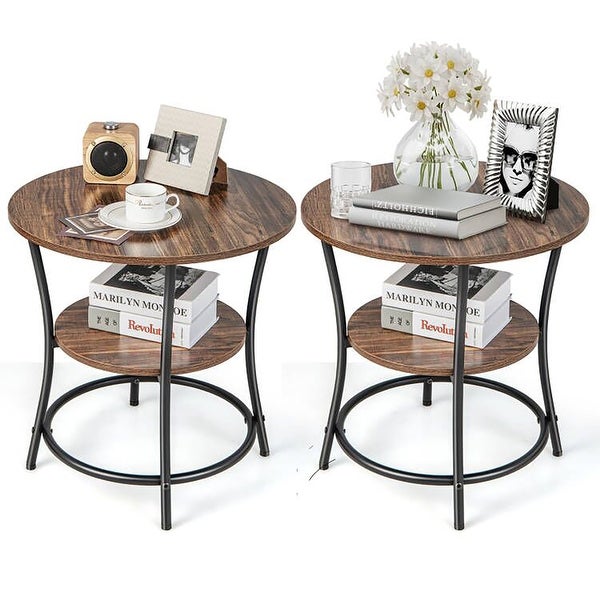 2 PCS 2-Tier Sofa Side End Table Round Nightstand with Metal Frame