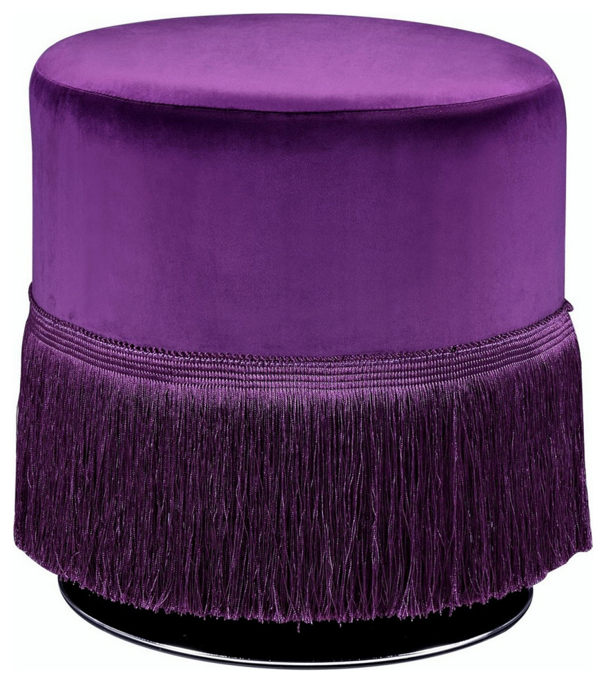 Fabric Upholstered Round Ottoman With Fringes And Metal Base  Purple   Contemporary   Footstools And Ottomans   by Uber Bazaar  Houzz