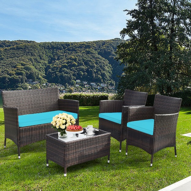 Tangkula 4 Pieces Patio Rattan Conversation Furniture Set Outdoor W Brown amp Turquoise Cushion