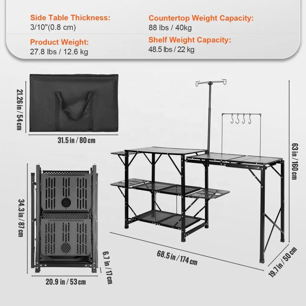 Camping Kitchen Table  One Piece Folding Portable Cook Station with A Carrying Bag  Aluminum Camping Table 5 Iron Side Tables