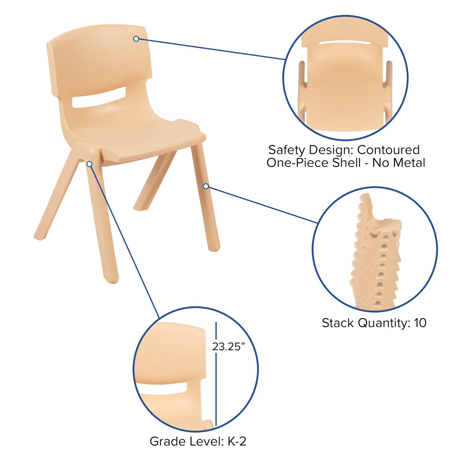 Emma and Oliver 5 Pack Plastic Stackable School Chair with 13.25 Seat Height