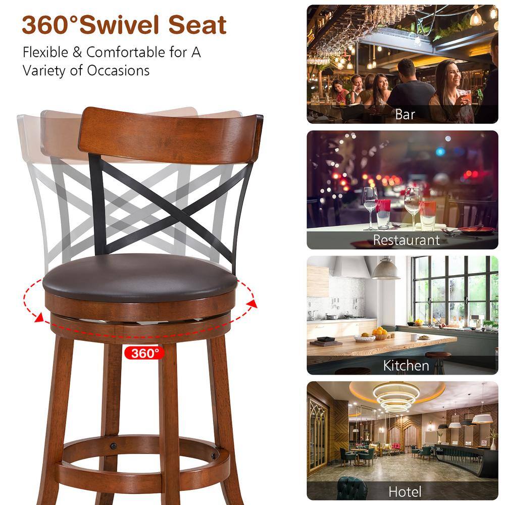 Costway Patio 38.5 in. Brown Bar Stools Dining Bar Chairs with Rubber Wood Legs (Set of 2) HW67488-24