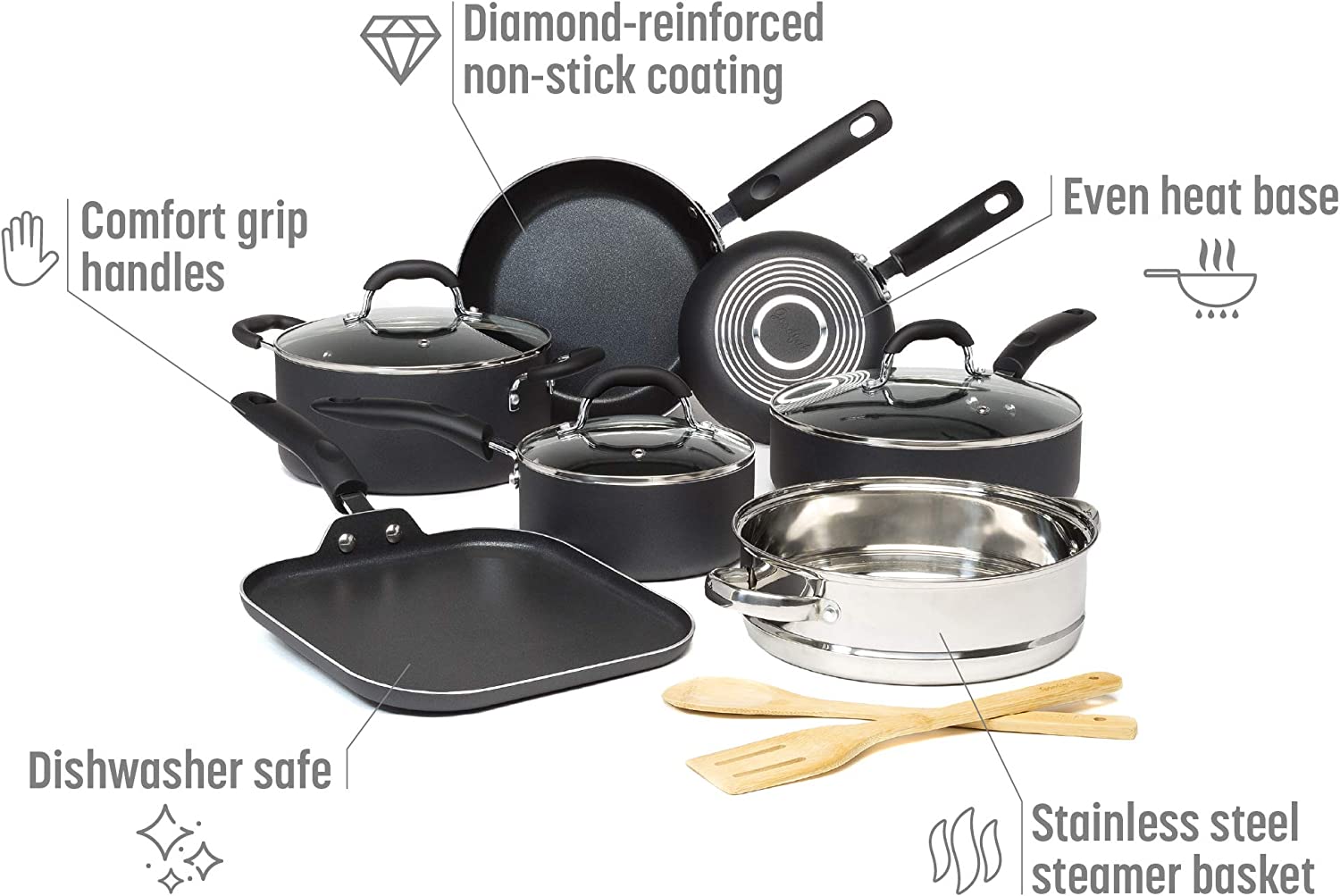 Goodful Cookware Set with Premium Non-Stick Coating， Dishwasher Safe Pots and Pans， Tempered Glass Steam Vented Lids， Stainless Steel Steamer， and Bamboo Cooking Utensils Set， 12-Piece， Charcoal Gray