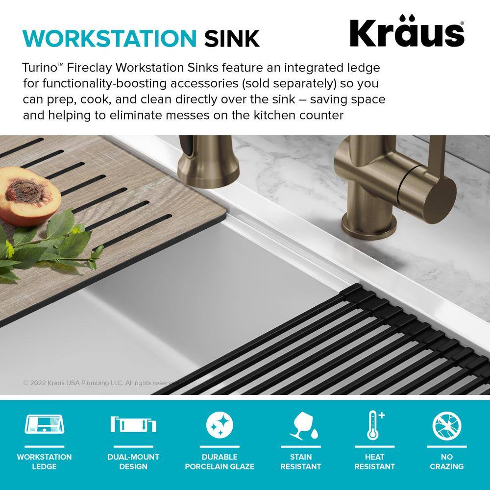 KRAUS Turino Gloss White Fireclay 33 in. Single Bowl Drop-InUndermount Workstation Kitchen Sink KFDW1-33GWH