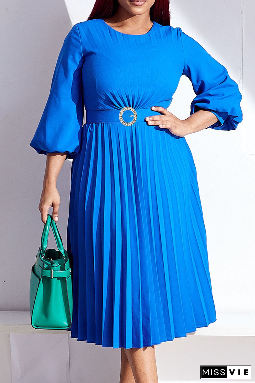 Blue Casual Elegant Solid Patchwork Fold With Belt O Neck Straight Dresses(Contain The Belt)